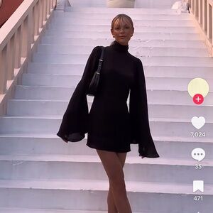 Black Bell-Sleeve Turtleneck Mini Dress